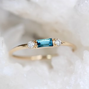 14K London Blue Topaz Baguette Ring, Three Stone Ring, Stacking Ring, Rectangle Stone, November Birthstone, Topaz Diamond Ring