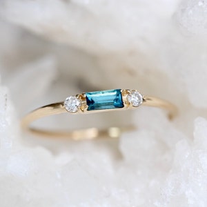 14K London Blue Topaz Baguette Ring, Three Stone Ring, Stacking Ring, Rectangle Stone, November Birthstone, Topaz Diamond Ring