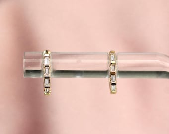 14K Baguette Diamond Huggie Earrings, Natural Diamonds, Clicker Closure Huggie, Solid Gold, 10mm Heggie, Rectangle Diamond, Step Cut