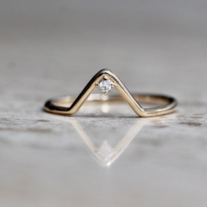 14K Diamond Chevron Ring, V Ring, Solid Gold, Stacking Ring, Wedding Band, Triangle Ring, Deep V, Single Stone, Curved Ring, Geometric Ring image 9