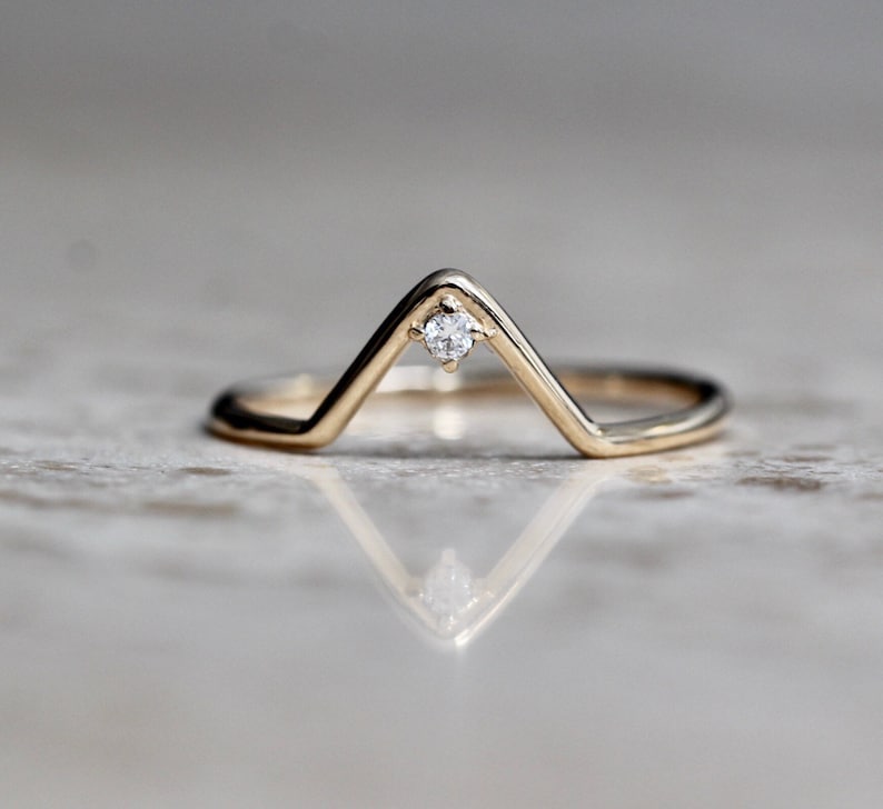 14K Diamond Chevron Ring, V Ring, Solid Gold, Stacking Ring, Wedding Band, Triangle Ring, Deep V, Single Stone, Curved Ring, Geometric Ring image 9