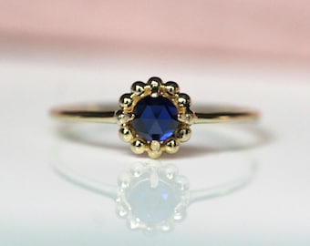 14K Sapphire Beaded Halo Ring, Rose-cut Sapphire, September Birthstone, Blue Stone Ring, Solid Gold, 10K Gold, Solitaire Ring, Minimal