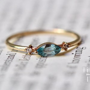 14K Gold Blue Zircon Diamond Ring, &quot;Shimmer&quot; Ring, Marquise Cut, Blue Zircon, December Birthstone, Blue Stone, Dainty Jewelry, Dainty Ring