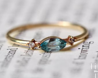 14K Gold Blue Zircon Diamond "Shimmer" Ring