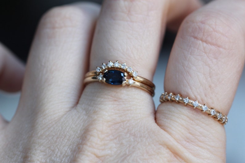 14K Gold Blue Sapphire Diamond Bridal Set, Engagement Ring, Ring Set, Stacking Ring, September Birthstone, Gemstone Engagement, Oval Stone image 4