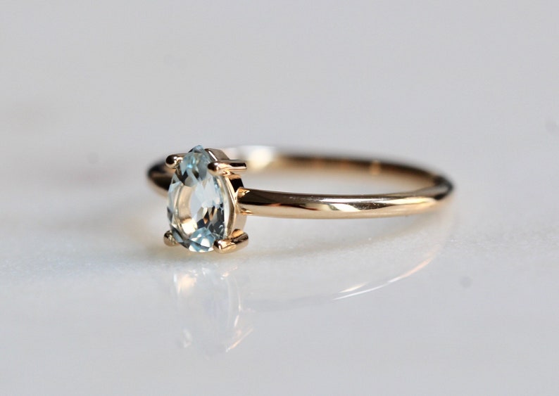 14K Gold Aquamarine Pear Solitaire Ring, Tear Shape Ring, Gemstone Engagement Ring, Light Blue Stone, Aqua Stone, Pear Shape, Drop Shape image 3