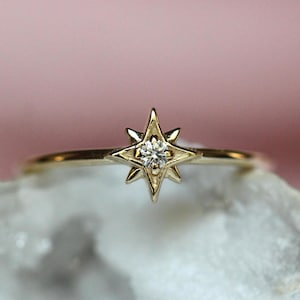 Anillo de diamantes de oro de 14 quilates, anillo "Estrella del Norte", anillo de astrología, anillo de compromiso, anillo de rubí, 10 quilates, anillo delicado, joyería de estrellas, oro macizo