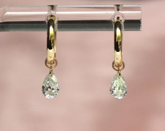 14K Pear Diamond Dangle Hoop Earrings, Clicket Hoops, Lab Made Diamond, Floating Tear Shape Stone, April Birthstone, Layering Hoops