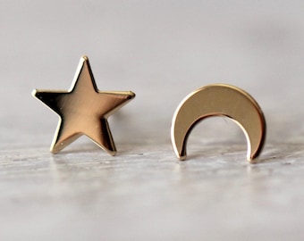Solid 14K Star and Moon Studs