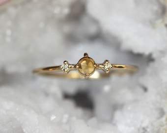 14K Citrine Three Stone Ring, Side Diamond, Rose-cut Citrine, 10K Gold, Solid Gold Ring, Yellow Stone Ring, November Birthstone Ring