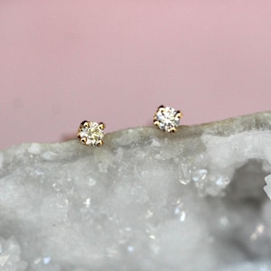 14K Gold Tiny Diamond Studs, Diamond Studs, Second Hole Studs, Dainty Studs, Solid Gold, Real Gold, Four Prong Stud, Minimal Jewelry