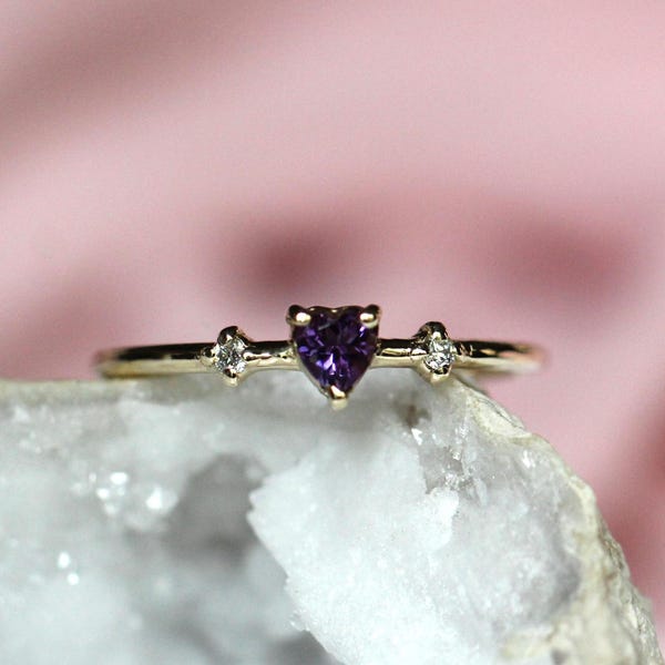 14K Amethyst Heart Ring, Three Stone Ring, February Birthstone, 10K Gemstone Ring, Purple Stone Ring, Tiny Heart Ring, Stacking, Diamond