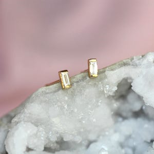 14K Gold Diamond Baguette Studs, Diamond Studs, Diamond Earrings, Gold Studs, Gold Earrings, Step Cut Stone, Rectangle Shape, Solid Gold