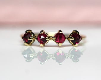 14K Ruby Ring, Red Stone Ring, 10K Gold Ring, July Birthstone Ring, Rose-cut Stone, Four Stone Ring, Minimal Jewelry, Cabochon, Solid Gold