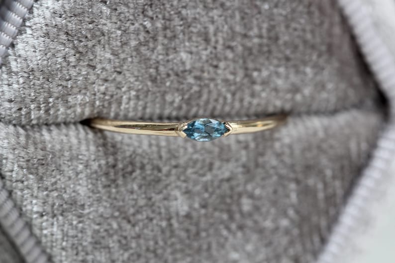 14K Gold Marquise Aquamarine Ring, Wink Ring, Stacking Ring, Midi Ring, 10K Promise Ring, Light Blue Stone, Aqua, Solid Gold Stacking Ring image 7