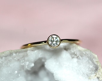 14K 3mm Diamond Bezel Ring, Thin Gold Stacking Ring, Dainty Minimal Engagement Ring, 10K, Lab or Natural Diamond, Solid Gold Ring
