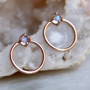 14K Gold Moonstone Loop Studs, Moonstone, Moonstone Earrings, Moonstone Studs, Hoop Jewelry, Circle Earrings, Sold Gold Earrings, Real Gold