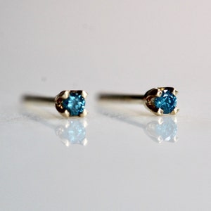 14K Gold Tiny Blue Diamond Studs, Blue Diamond, Diamond Earrings, Tiny Studs, Dainty Earrings, Second Hole Studs, Four Prong Earring image 1