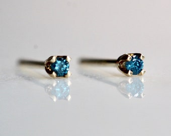 14K Gold Tiny Blue Diamond Studs, Blue Diamond, Diamond Earrings, Tiny Studs, Dainty Earrings, Second Hole Studs, Four Prong Earring