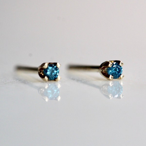 14K Gold Tiny Blue Diamond Studs, Blue Diamond, Diamond Earrings, Tiny Studs, Dainty Earrings, Second Hole Studs, Four Prong Earring