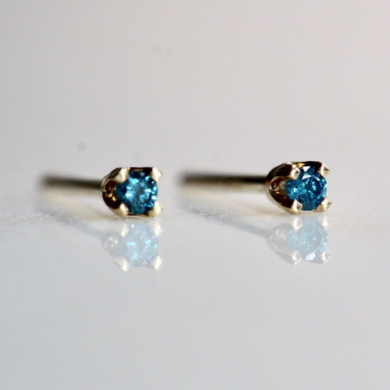 14K Gold Tiny Blue Diamond Studs, Blue Diamond, Diamond Earrings, Tiny Studs, Dainty Earrings, Second Hole Studs, Four Prong Earring image 1