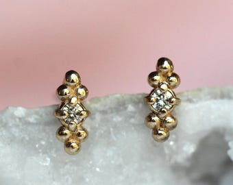 14K Diamond Triple Bead Stud, Bar Stud, Bead Accented Earring, Diamond Earring, April Birthstone, Solid Gold Studs, Post Earrings, Gold