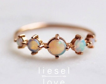 14K Gold Opal Row Ring, "Talisman" Ring, Opal Ring, Dainty Ring, Solid Gold, October Birthstone, Five Stone Ring, Opal Flash, Cabochon, 10K