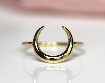14K Crescent Moon Ring, Statement Ring, 10K Gold, Moon and Star, Celestial Jewelry, Solid Gold Ring, Half Moon, Everday Wear