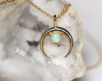 14K Gold Opal Crescent Moon Pendant, Moon Necklace, Opal Necklace, 10K Gold, Solid Gold Necklace, Real Gold, Layering Necklace, Half Moon