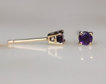 14K Gold Amethyst Stud, 3mm Stone, Purple Stone Earring, Faceted Stone, Everyday Wear, February Birthstone, Round Stone Earring, Real Gold