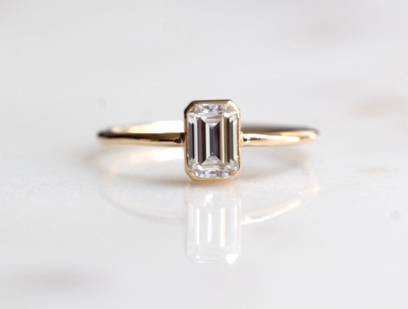 14K Gold Octagon Moissanite Ring, Emerald Cut Bezel, Moissanite Engagement Ring, Solitaire Ring, Diamond Substitute, Step Cut stone image 5