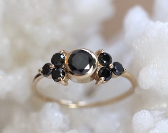 14K Gold Black Diamond Cluster Ring, Cluster Ring, Engagement Ring, Dainty Engagement Ring, Diamond Ring, Dainty Ring, Black Diamond Ring