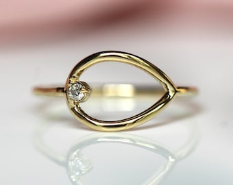 14K Gold Open Tear Ring, Tear Diamond Ring, Asymmetrical Ring, 10K Gold, April Birthstone, Solid Gold Ring, Drop Ring, Everyday Wear