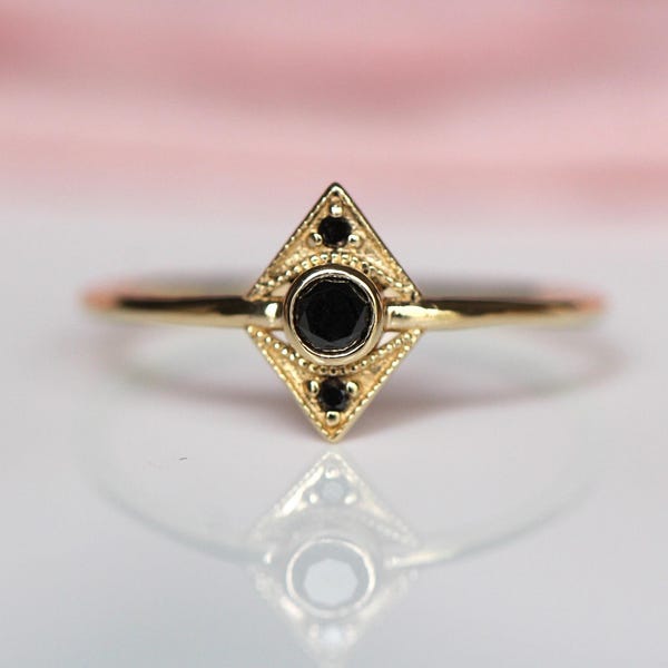14K Gold Black Diamond Ring, "Zelda" Ring, 10K Black Diamond Engagement Ring, Diamond Ring, Black Diamond, 10K, Art Deco, Dainty Jewelry
