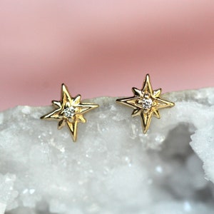 14K Gold Diamond Studs, "North Star" Studs, Diamond Studs, Diamond Earrings, Solid Gold, Gold Studs, Night Sky, Diamond Star, Real Gold