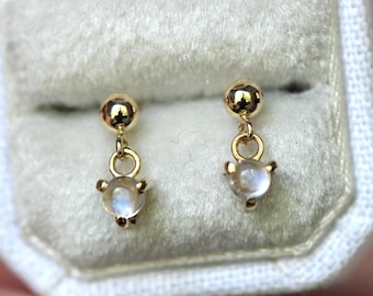 14K Moonstone Dangle Studs, Ball Studs, Blue Flash, Rainbow Moonstone, Solid Gold Earrings, Real Gold, Dreamy Studs, June Birthstone