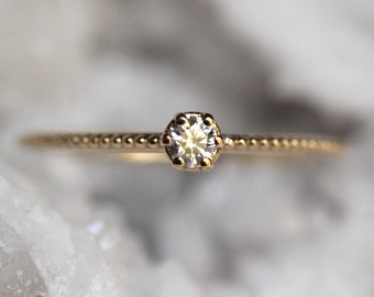 14K Gold Diamond Milgrain Ring, Dotted Band, Six Prong Setting, Solid Gold Ring, Dainty Engagement Ring, Real Gold, Beaded Band, Diamond