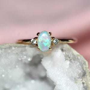 14k Gold Genuine Australian Opal Three Stone Ring - White, Yellow or Rose 14k Gold Genuine Australian Opal Three Stone Ring - White, Yellow or Rose