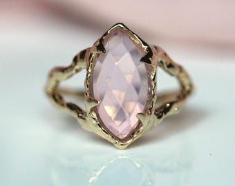 10K Lavender Quartz Split Shank Ring, Asymmetrical Prong Ring, One Of a Kind, OOAK, Marquise Shape, Rose Cut stone, Light Purple, Dreamy