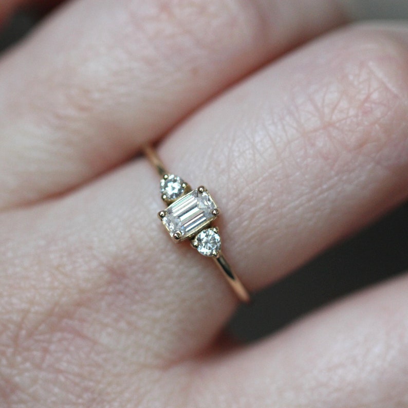 14K Gold Emerald Cut Diamond Ring, Three Stone Ring, Natural Diamond, Lab Made, Moissanite, Step Cut Stone, Engagement Ring, Minimalist image 4
