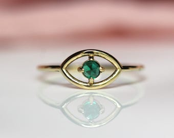 14K Gold Emerald Ring, "Evil Eye" Ring, Green Stone Ring, May Birthstone, 10K, Open Eye Ring, Dainty Ring, Solid Gold Ring, Rose-Cut Stone