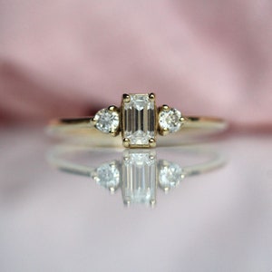 14K Gold Emerald Cut Diamond Ring, Three Stone Ring, Natural Diamond, Lab Made, Moissanite, Step Cut Stone, Engagement Ring, Minimalist image 2