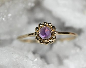 14K Beaded Halo Ring, Amethyst Ring, Purple Stone, February Birthstone, Rose-cut Amethyst, Solid Gold, 10K Gold, Solitaire Halo Ring