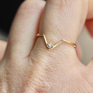 14K Diamond Chevron Ring, V Ring, Solid Gold, Stacking Ring, Wedding Band, Triangle Ring, Deep V, Single Stone, Curved Ring, Geometric Ring image 6