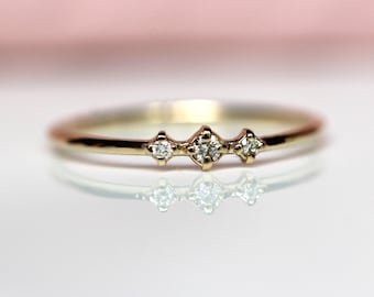 14K Gold Three Stone Diamond Ring, "Snow Dance" Ring, 10K Ring, Diamond, April Birthstone, Three Diamond Ring, Stacking Ring, Minimal