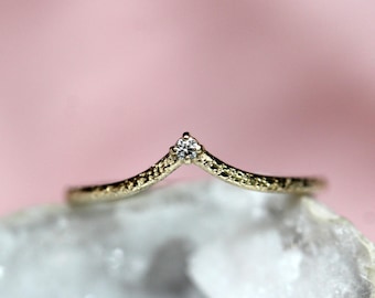 14K Gold "Swoop" Ring, Diamond Ring, Diamond Chevron Ring, V Ring, Curved Diamond Ring, 10K Stacking Ring, Solid Gold Ring, Glitter