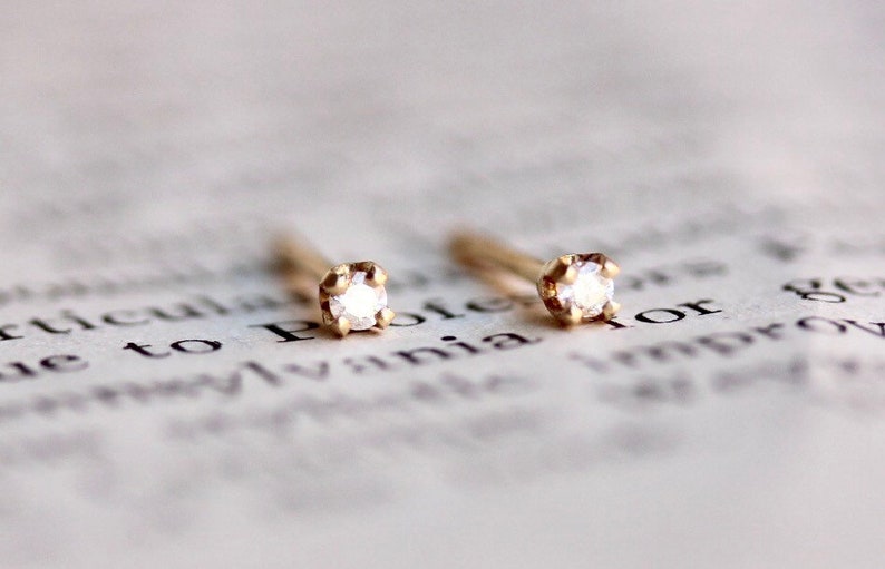 14K Gold Tiny Diamond Studs, Diamond Studs, Second Hole Studs, Dainty Studs, Solid Gold, Real Gold, Four Prong Stud, Minimal Jewelry image 5