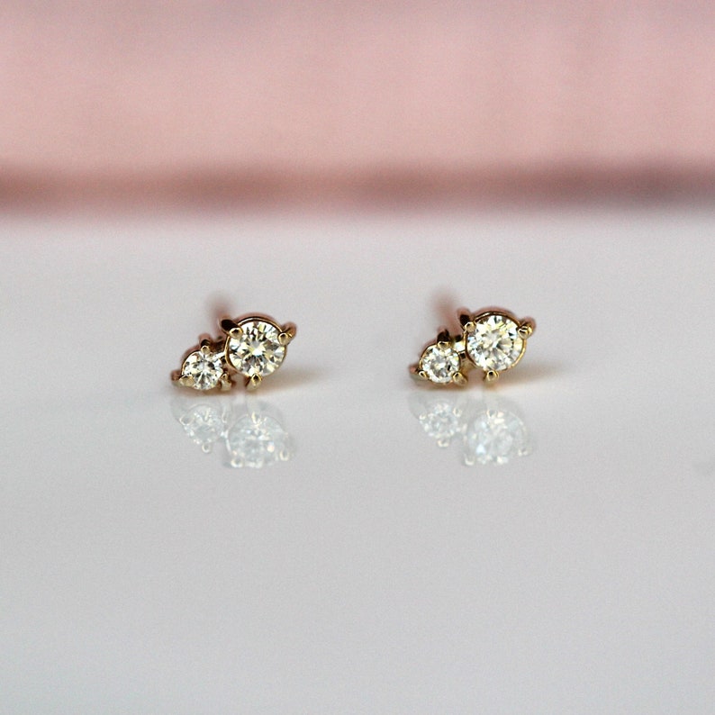 14k Gold Two Diamond Stud, Second Hole Stud, Tiny Post Earring, Mutiple Piercing Stud, Three Prong, Real Gold, Minimal Jewelry, Solid Gold image 7