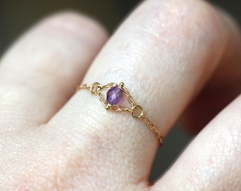 14K Gold Amethyst Chain Ring, Solid Gold Chain Ring, Solid Gold Amethyst Ring, Purple Stone, Rope Chain Ring, February Birthstone, Cute Ring