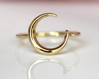 14K Crescent Moon Ring, Statement Ring, 10K Gold, Moon and Star, Celestial Jewelry, Solid Gold Ring, Half Moon, Everday Wear
